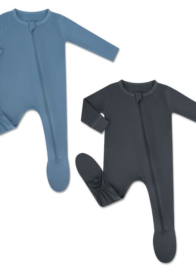 HAPIU Rayon from Bamboo Baby Footed Pajamas, 2 Way Zipper YKK, Footie for Baby Boy Girls, Newborn-24 Months, 2-Pack, Moonlight Blue&Dark Grey, 3-6 Months - Image 1