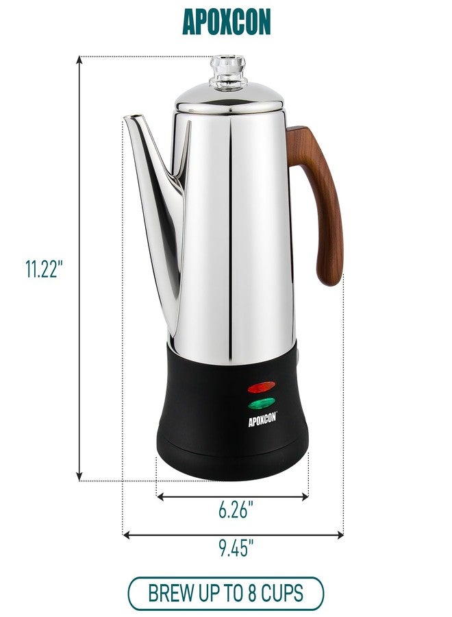 APOXCON Electric Coffee Percolator Stainless Steel Coffee Pot with Two Tough Glass Clear Brew Progress Knob & Treated Solid Wood Handle & On/OFF Switch Auto Keep Warm Cordless Serve (8 Cup) - Image 3