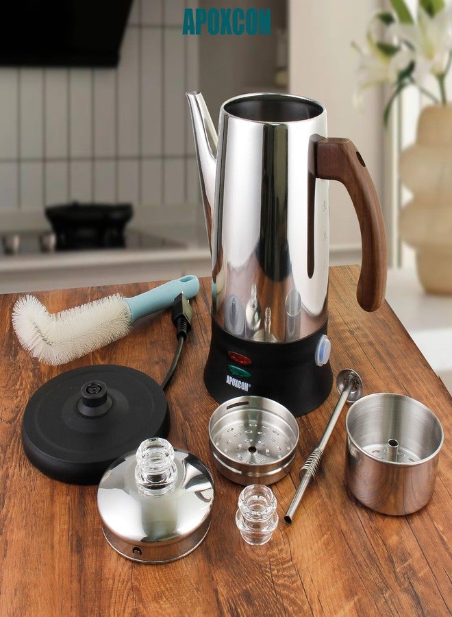 APOXCON Electric Coffee Percolator Stainless Steel Coffee Pot with Two Tough Glass Clear Brew Progress Knob & Treated Solid Wood Handle & On/OFF Switch Auto Keep Warm Cordless Serve (8 Cup) - Image 2