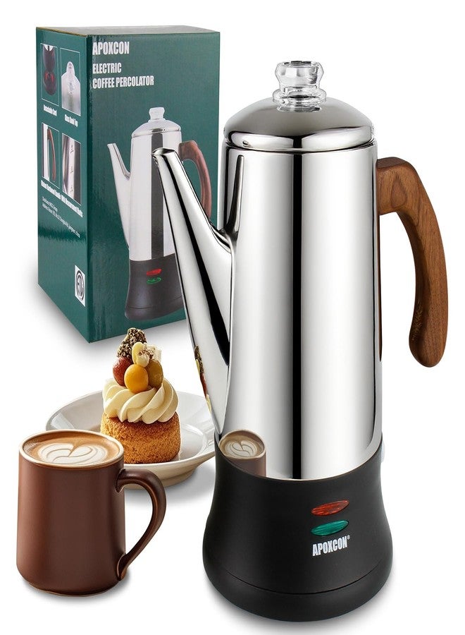 APOXCON Electric Coffee Percolator Stainless Steel Coffee Pot with Two Tough Glass Clear Brew Progress Knob & Treated Solid Wood Handle & On/OFF Switch Auto Keep Warm Cordless Serve (8 Cup) - Image 1