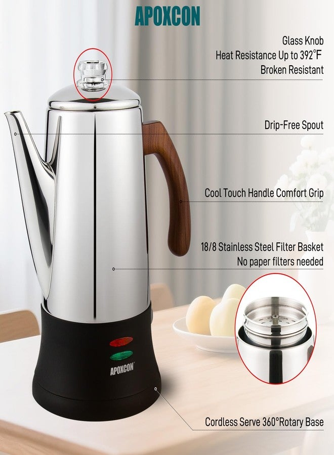 APOXCON Electric Coffee Percolator Stainless Steel Coffee Pot with Two Tough Glass Clear Brew Progress Knob & Treated Solid Wood Handle & On/OFF Switch Auto Keep Warm Cordless Serve (8 Cup) - Image 4