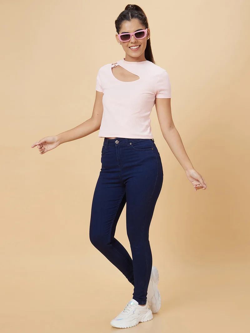 Women Pink Ribbed Cut Out Fitted Top