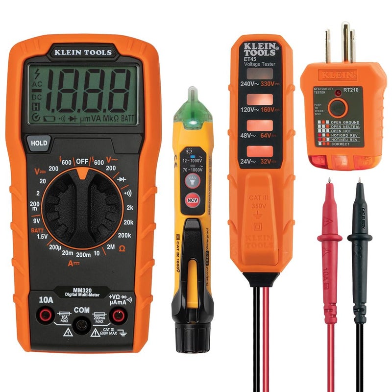 Klein Tools MM320KIT Digital Multimeter Electrical Test Kit NonContact Voltage Tester Receptacle Tester Carrying Case and Batteries