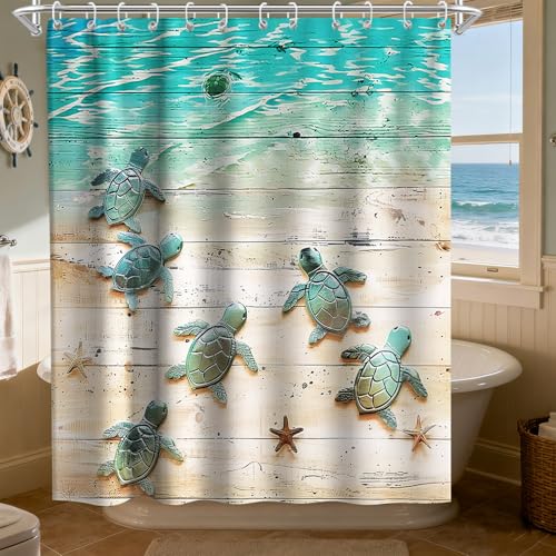 Final Friday Green Beach Sea Turtle Shower Curtain Nautical Teal Theme Fabric Bathroom Blue Ocean Decor with Grommets and Hooks 72 x 72 Inch Blue - Image 2
