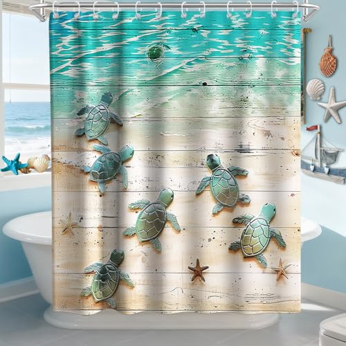 Final Friday Green Beach Sea Turtle Shower Curtain Nautical Teal Theme Fabric Bathroom Blue Ocean Decor with Grommets and Hooks 72 x 72 Inch Blue - Image 3