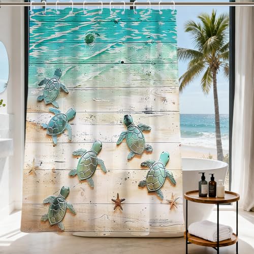 Final Friday Green Beach Sea Turtle Shower Curtain Nautical Teal Theme Fabric Bathroom Blue Ocean Decor with Grommets and Hooks 72 x 72 Inch Blue - Image 1