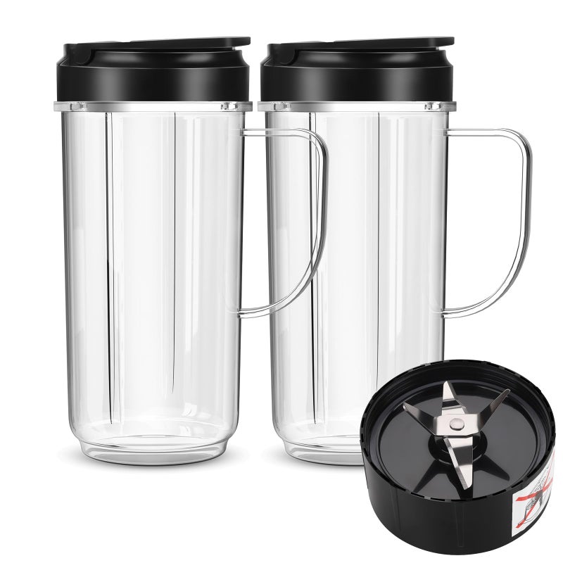 UBYNID 2 Pack Magic Bullet Blender Cups Tall 22oz Cup with Flip Top ToGo Lid 4 Fins Cross Blade Blender Replacement Parts Replacement Cup Mug with Handle Compatible with Magic Bullet 250w MB1001