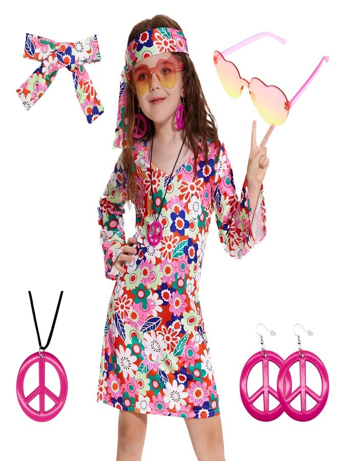 MRYUWB 70s Hippie Dress for Girls, 1970s Outfits Peace Sign Necklace Headband, 60s Themed Party Costumes for Kids 5-14 Years (Flower Power Pink, 7-8 Years) - Image 2