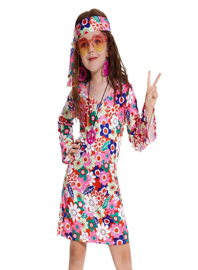 MRYUWB 70s Hippie Dress for Girls, 1970s Outfits Peace Sign Necklace Headband, 60s Themed Party Costumes for Kids 5-14 Years (Flower Power Pink, 7-8 Years) - Image 1