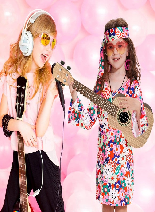 MRYUWB 70s Hippie Dress for Girls, 1970s Outfits Peace Sign Necklace Headband, 60s Themed Party Costumes for Kids 5-14 Years (Flower Power Pink, 7-8 Years) - Image 3