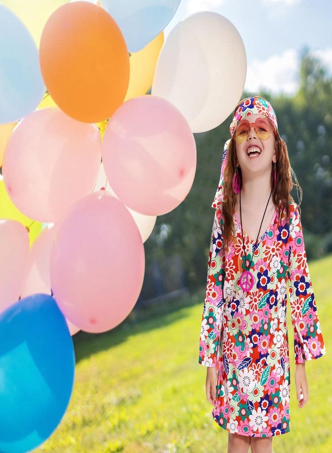 MRYUWB 70s Hippie Dress for Girls, 1970s Outfits Peace Sign Necklace Headband, 60s Themed Party Costumes for Kids 5-14 Years (Flower Power Pink, 7-8 Years) - Image 4