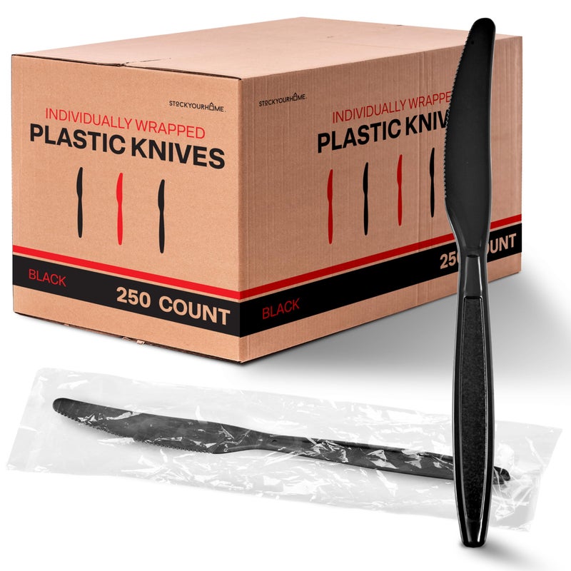 Stock Your Home Stock Your Home Individually Wrapped Knives  250 Count Heavyweight Plastic Knives  Plasticware Disposable Knife Bulk Pack  Individual Wrapped Knives  Heavy Duty Plastic Utensils for Party Supplies  - Image 1