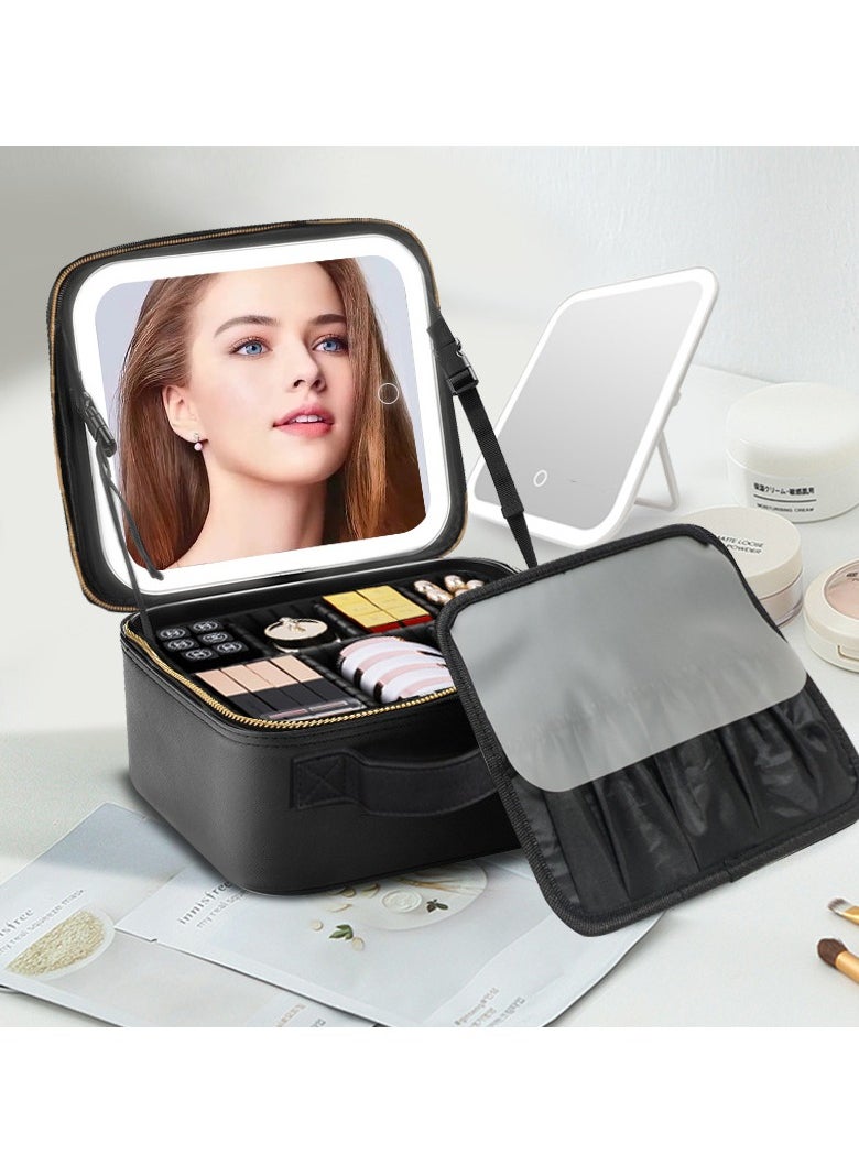 Generic makeup bag with LED mirror,Adjustable Brightness LED Cosmetic Train Case with brush storage board suitable for travel and daily make up  ,Portable Travel Cosmetic Organizer for Women, 3 Color Light Settings, Adjustable Dividers Vanity Case Birthday gifts  - Image 3