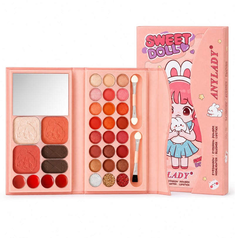 Me Now Sweet Doll All-in-One Makeup Palette with Mirror, Eyeshadow, Eyebrow Powder, Highlighter, Blusher and Lip Colors, Portable Book Style Cosmetic Kit Bunny Girl - Image 1
