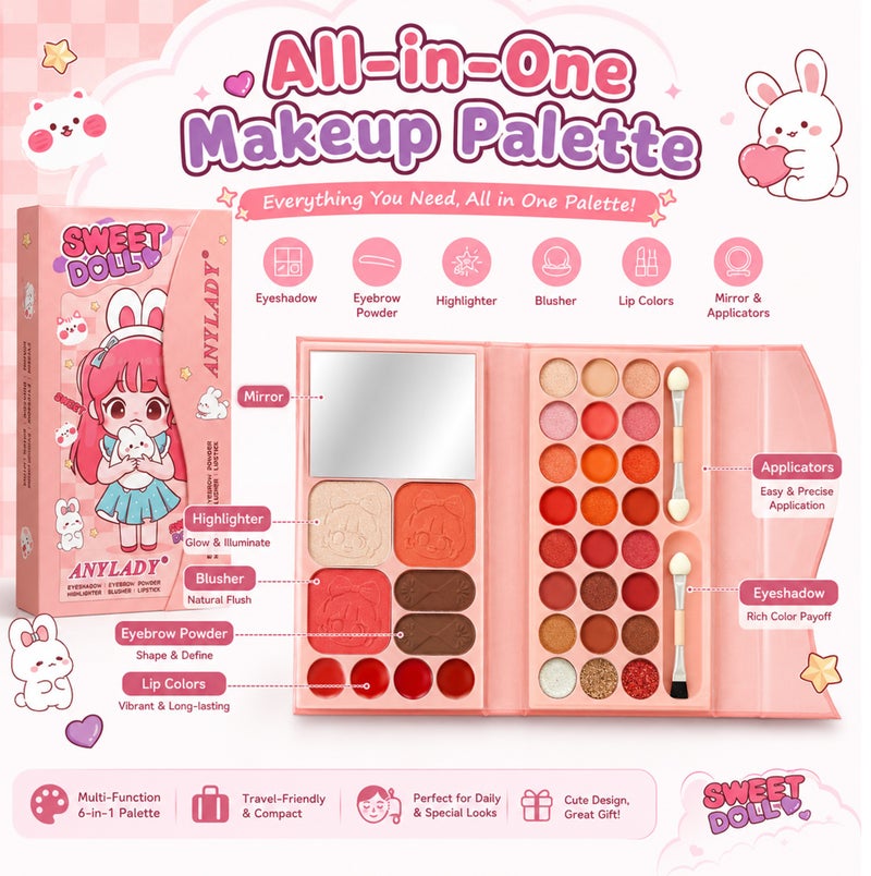 Me Now Sweet Doll All-in-One Makeup Palette with Mirror, Eyeshadow, Eyebrow Powder, Highlighter, Blusher and Lip Colors, Portable Book Style Cosmetic Kit Bunny Girl - Image 2
