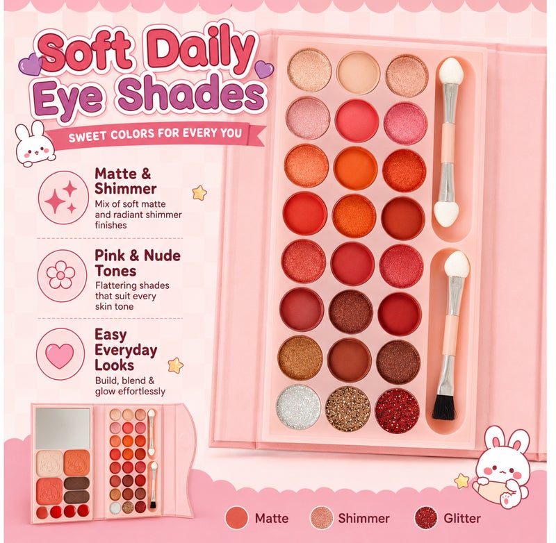 Me Now Sweet Doll All-in-One Makeup Palette with Mirror, Eyeshadow, Eyebrow Powder, Highlighter, Blusher and Lip Colors, Portable Book Style Cosmetic Kit Bunny Girl - Image 3