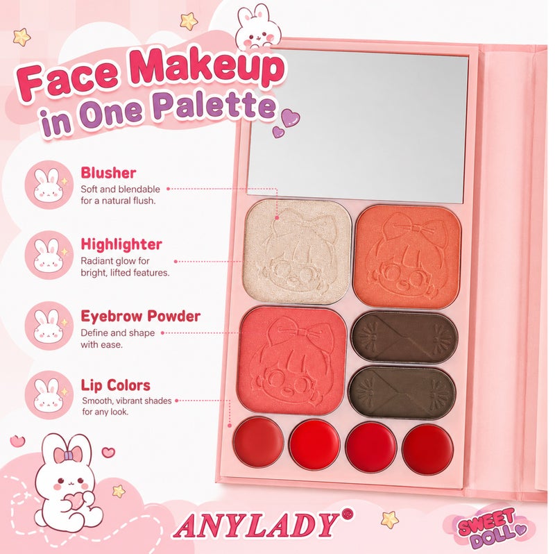 Me Now Sweet Doll All-in-One Makeup Palette with Mirror, Eyeshadow, Eyebrow Powder, Highlighter, Blusher and Lip Colors, Portable Book Style Cosmetic Kit Bunny Girl - Image 4