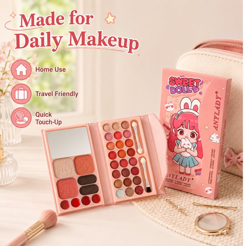 Me Now Sweet Doll All-in-One Makeup Palette with Mirror, Eyeshadow, Eyebrow Powder, Highlighter, Blusher and Lip Colors, Portable Book Style Cosmetic Kit Bunny Girl - Image 5