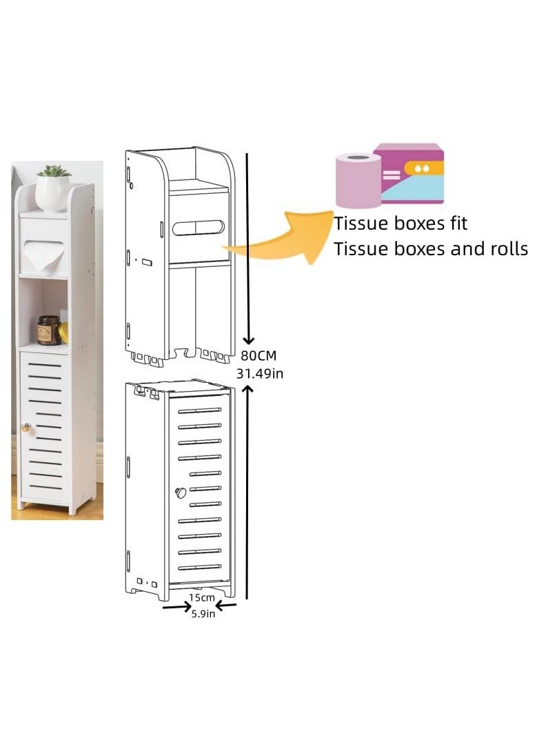 Toilet paper holder, bathroom storage cabinet, multifunctional tissue organizer, universal forSmall Space Bathroom, PVC material, White Narrow Cabinet Organizer