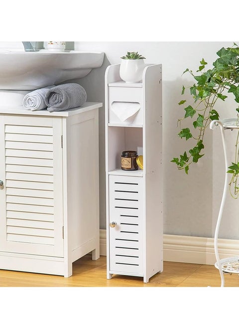 Toilet paper holder, bathroom storage cabinet, multifunctional tissue organizer, universal forSmall Space Bathroom, PVC material, White Narrow Cabinet Organizer