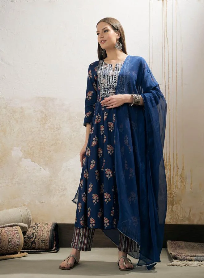 SASSAFRAS SASSAFRAS Navy Floral Anarkali Kurta with Pants and Dupatta Set