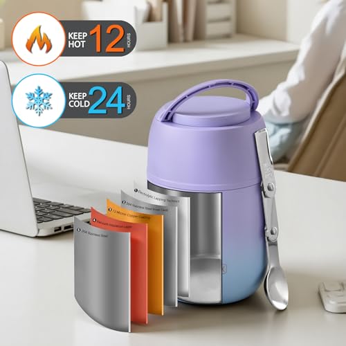 JOOPETALK 17 oz Insulated Lunch Containers Hot Food Jar, Wide Mouth Lunch Thermo for Hot Food Kids Adults, Vacuum Stainless Steel Thermo Lunch Box With Handle Folding Spoon for School, Office(Purple blue) - Image 3