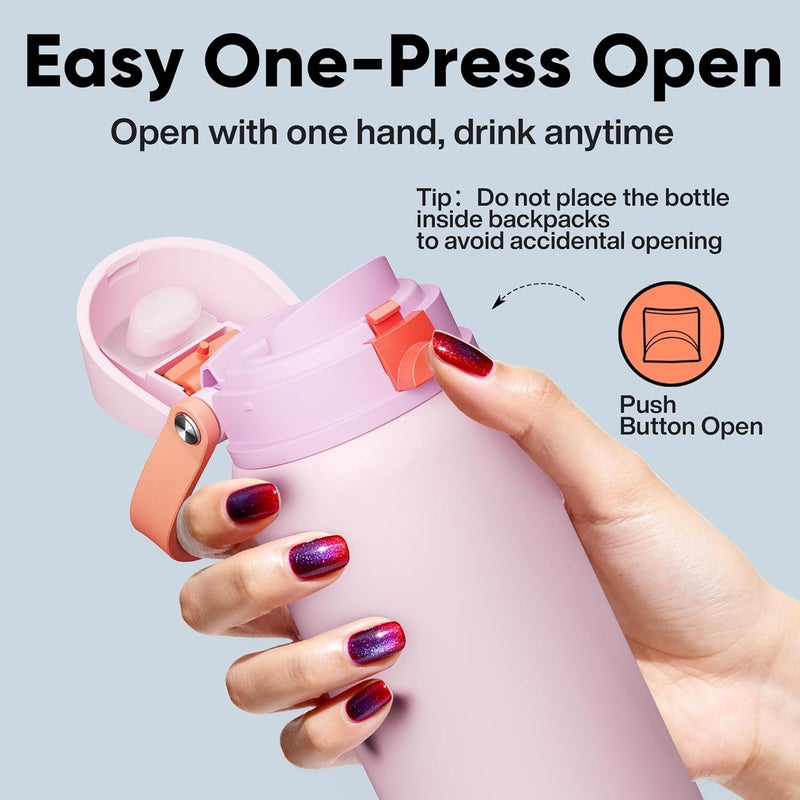 ENCOOL Insulated Water Bottle with Straw - Stainless Steel Water Bottle with Push Button Lid, Leak-Proof & BPA-Free, Keeps Cold for 24 Hours for Sports, Travel, Gym (40 oz, Lily-Red) - Image 3