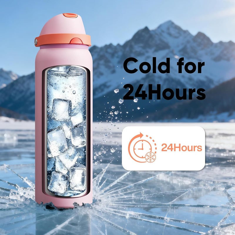 ENCOOL Insulated Water Bottle with Straw - Stainless Steel Water Bottle with Push Button Lid, Leak-Proof & BPA-Free, Keeps Cold for 24 Hours for Sports, Travel, Gym (40 oz, Lily-Red) - Image 5