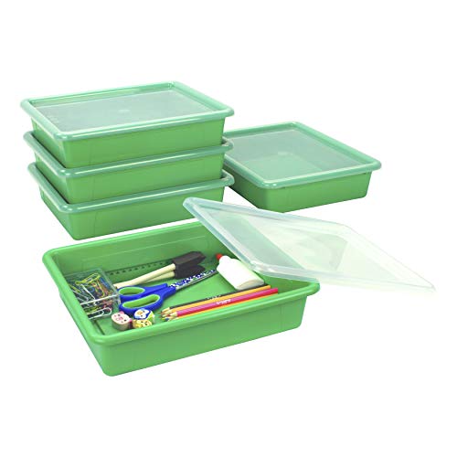Storex Letter Size Flat Storage Tray – Organizer Bin with Non-Snap Lid for Classroom, Office and Home, Green, 5-Pack (62539U05C) - Image 1