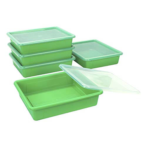 Storex Letter Size Flat Storage Tray – Organizer Bin with Non-Snap Lid for Classroom, Office and Home, Green, 5-Pack (62539U05C) - Image 3
