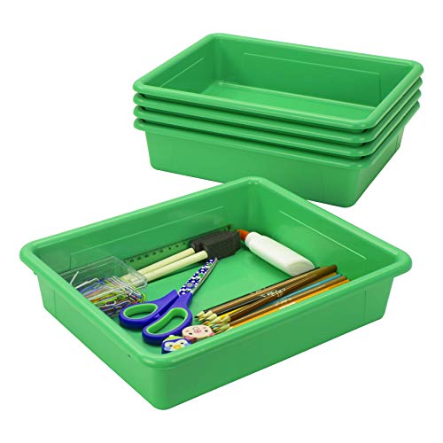 Storex Letter Size Flat Storage Tray – Organizer Bin with Non-Snap Lid for Classroom, Office and Home, Green, 5-Pack (62539U05C) - Image 4