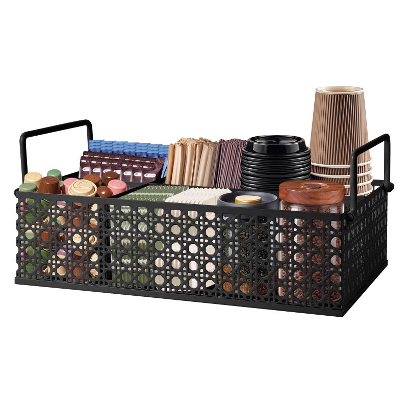 DYGZBLHT Coffee Bar Organizer Metal Countertop Station With Handles Coffee Pods Holder Tea Condiment Organizer Mesh Black - Image 2