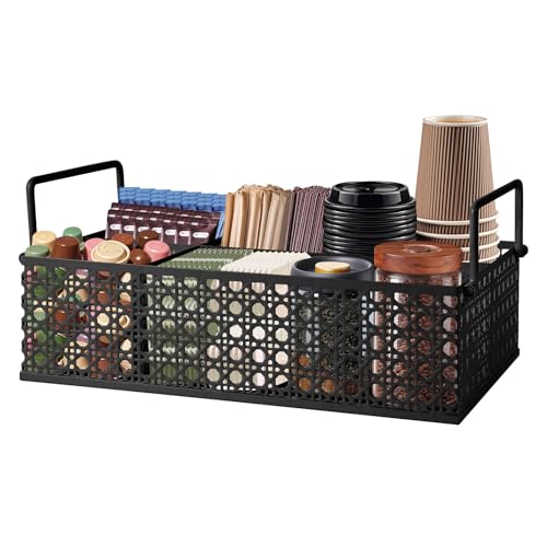 DYGZBLHT Coffee Bar Organizer Metal Countertop Station With Handles Coffee Pods Holder Tea Condiment Organizer Mesh Black - Image 1