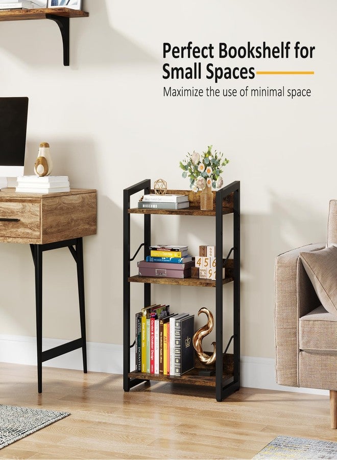 Hosfais Book Shelf Small Bookshelf: 3-Tier Wood Bookcase Industrial Bookshelf with Edge Protection Metal Narrow Bookcase Storage Organizer Display Rack for Bedroom Home Office (Rustic Brown) - Image 3