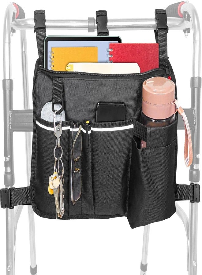 TONINT Large Walker Bag with Water Cup Holder,Walker Basket,Foldable Walker Storage Bag,Side Walker Bag,Walker Side Access Bag Organizer Pouch Tote,Scooters or Rollator Walkers (Black-16 x 11 inches) - Image 1