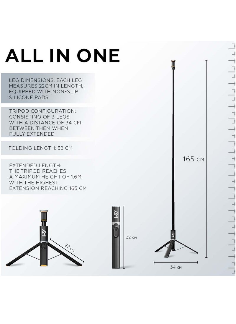 AMROAH 161cm/63,39" Portable Selfie Stick Tripod with Remote, Compact Photo Video Wireless Selfie Stick Tripod Stand 360° Rotate Travel for Cell Phones Apple iPhone Pro Max 16 15 14 13 Samsung Xiaomi GoPro  - Image 5