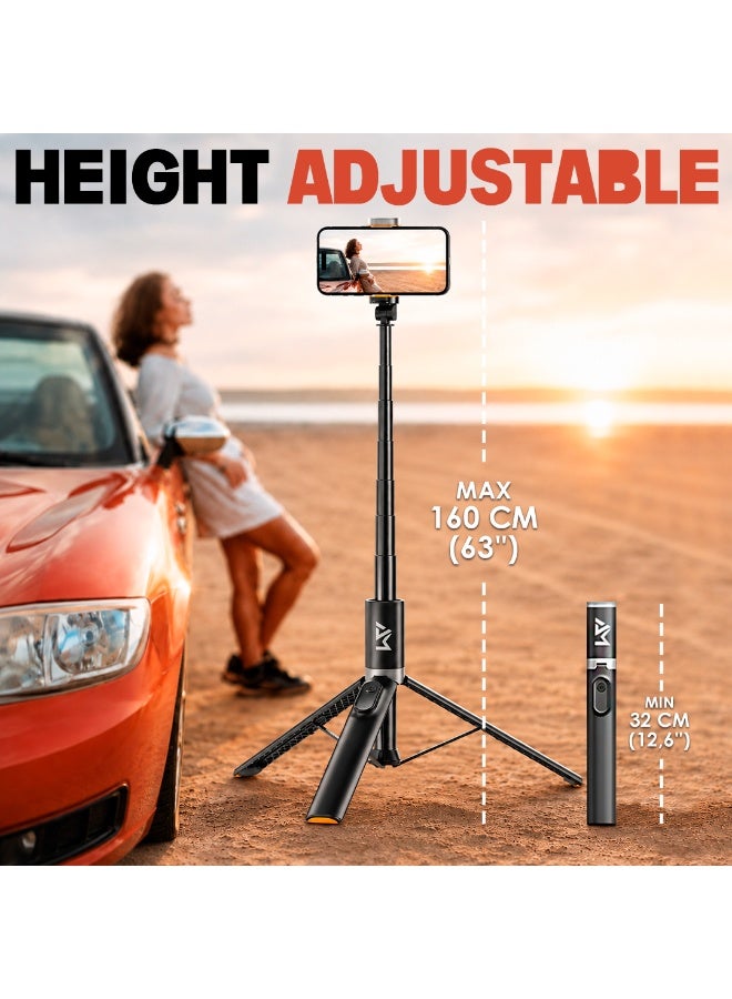 AMROAH 161cm/63,39" Portable Selfie Stick Tripod with Remote, Compact Photo Video Wireless Selfie Stick Tripod Stand 360° Rotate Travel for Cell Phones Apple iPhone Pro Max 16 15 14 13 Samsung Xiaomi GoPro - Image 2