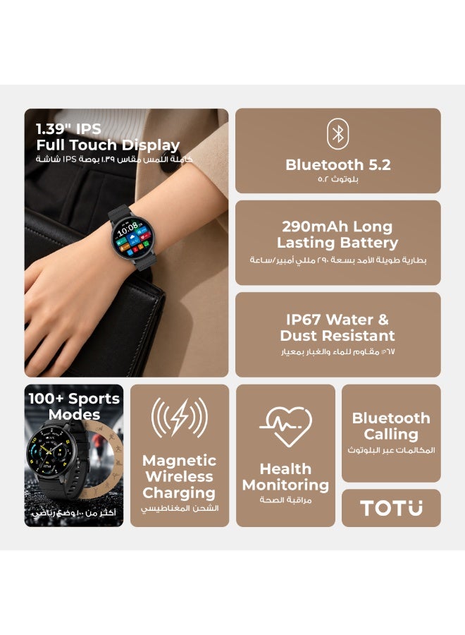 Totu Smart Watch for Women, 1.39'' With Magnetic charging/Bluetooth Call/Heart Rate/Blood Pressure/Sleep Monitor/IP67 Waterproof, Compatible With Android and iPhone, Black - Image 2