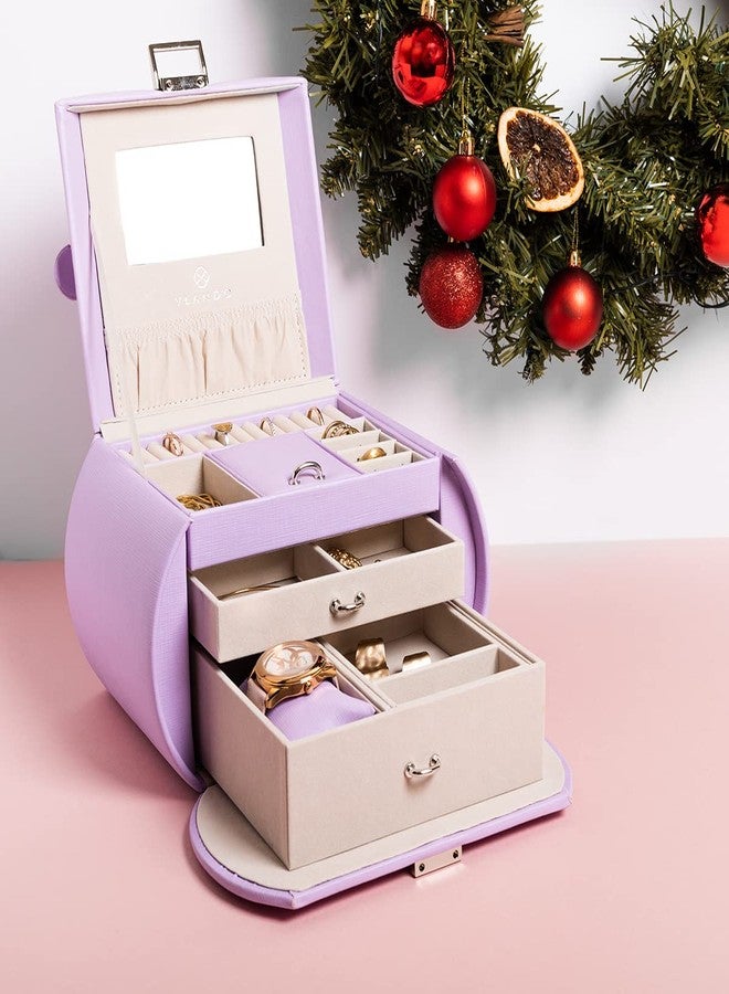 Vlando Princess-Style Luxury Jewelry Box, Leather Mirrored Necklaces Earrings Rings Watch Organizer, Elegant Storage for Your Treasured Accessories, Purple - Image 5