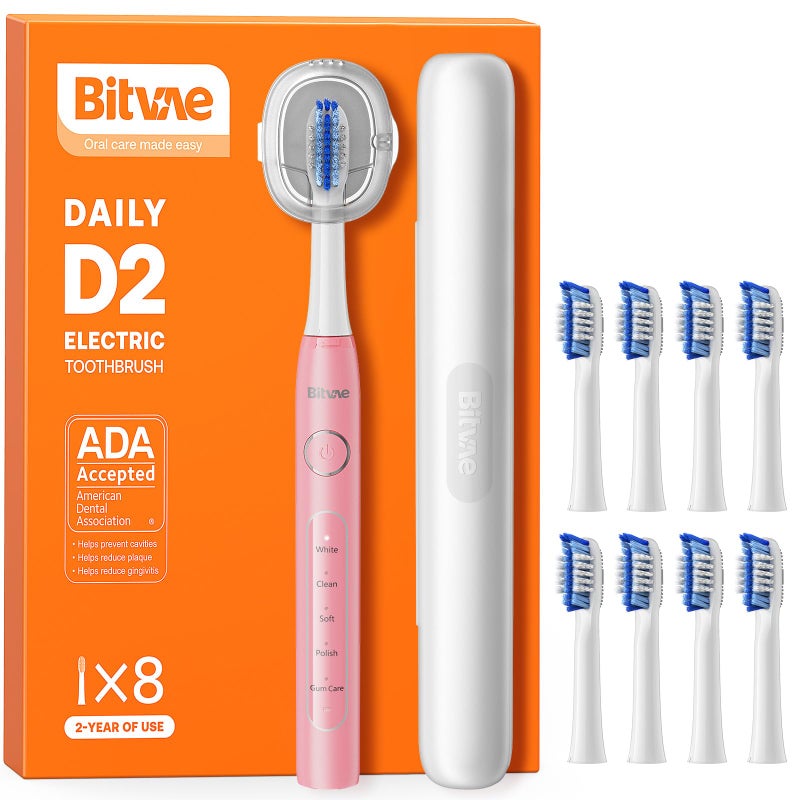 Bitvae Ultrasonic Electric Toothbrush - Rechargeable Sonic Electric Toothbrush for Adults and Kids, Power Toothbrush with Holder, 8 Brush Heads, Smart Timer, Fast Charge, Pink D2 - Image 1
