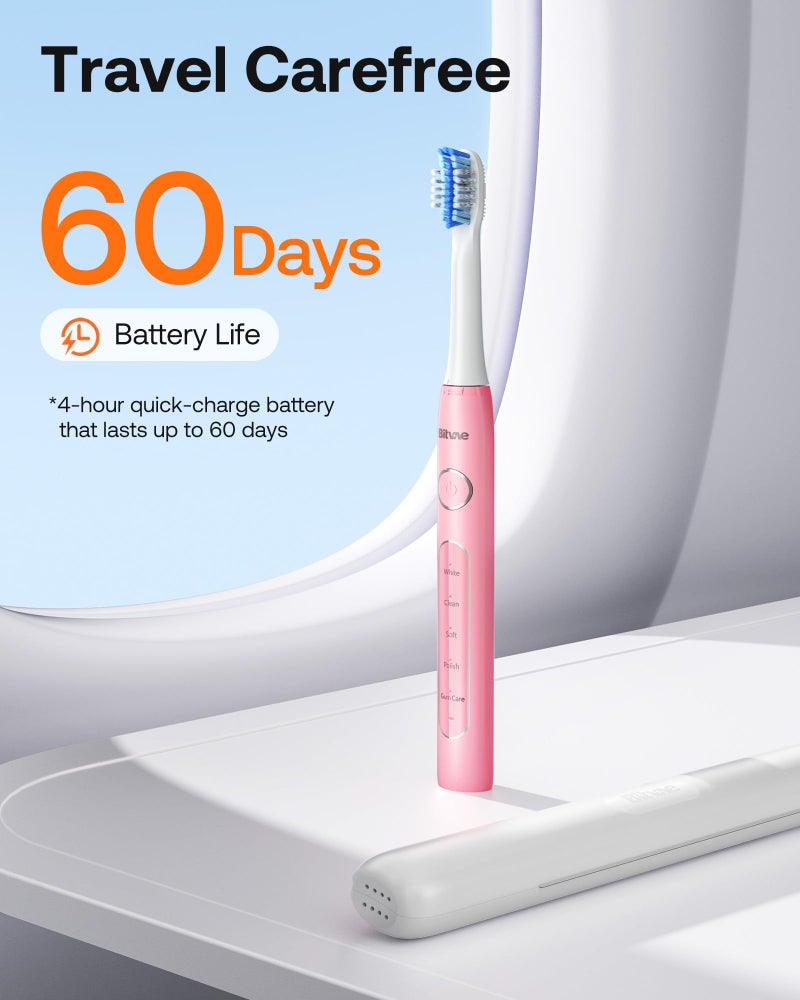 Bitvae Ultrasonic Electric Toothbrush - Rechargeable Sonic Electric Toothbrush for Adults and Kids, Power Toothbrush with Holder, 8 Brush Heads, Smart Timer, Fast Charge, Pink D2 - Image 5