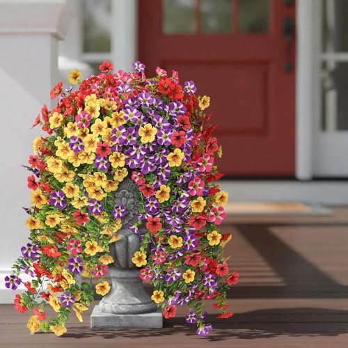 VIERENA 4 Bundles Artificial Hanging Morning Glory Flowers for Outdoor, Realistic Hanging Flowers Silk Fake Morning Glory with Faux Eucalyptus for Yard Garden Porch Patio Balcony Home Decor (Mixed Color) - Image 3