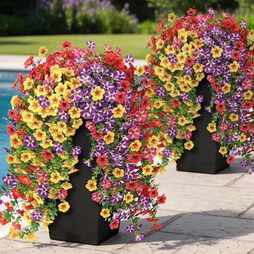 VIERENA 4 Bundles Artificial Hanging Morning Glory Flowers for Outdoor, Realistic Hanging Flowers Silk Fake Morning Glory with Faux Eucalyptus for Yard Garden Porch Patio Balcony Home Decor (Mixed Color) - Image 1