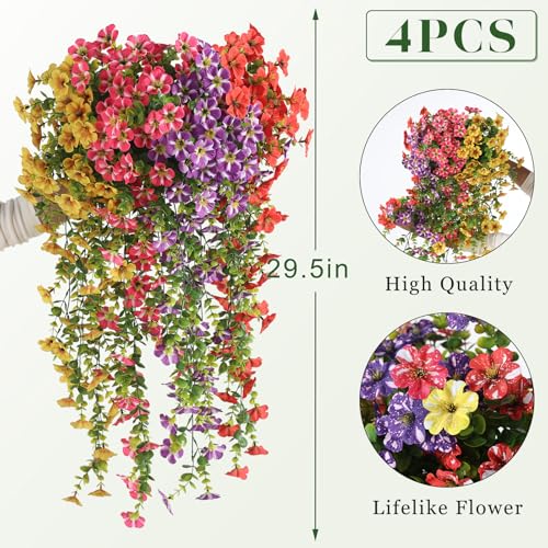 VIERENA 4 Bundles Artificial Hanging Morning Glory Flowers for Outdoor, Realistic Hanging Flowers Silk Fake Morning Glory with Faux Eucalyptus for Yard Garden Porch Patio Balcony Home Decor (Mixed Color) - Image 5