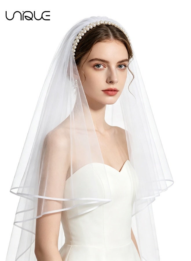Unique Bridal Wedding Pearl Veil - 3-Row Pearl Headband Veil - One-Piece Headpiece - Must-Have Veil for Brides - Image 1