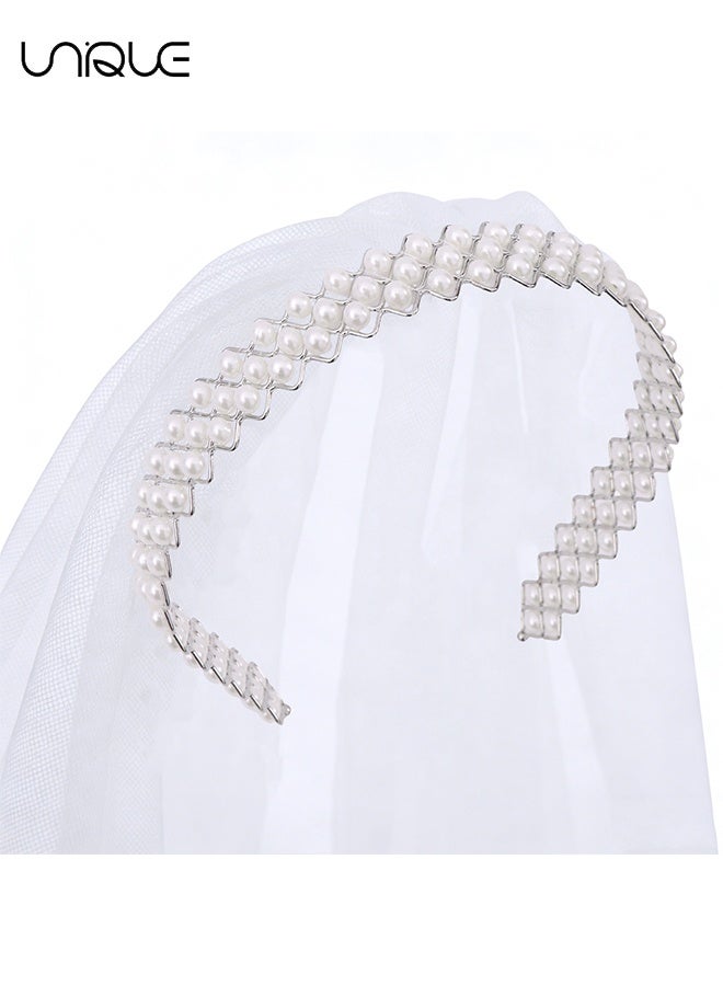 Unique Bridal Wedding Pearl Veil - 3-Row Pearl Headband Veil - One-Piece Headpiece - Must-Have Veil for Brides - Image 3