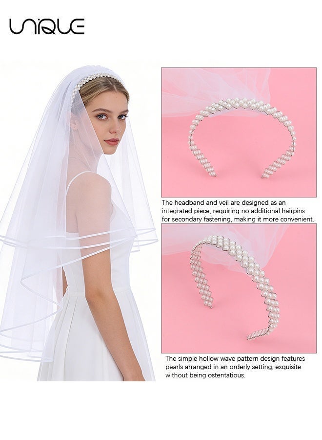 Unique Bridal Wedding Pearl Veil - 3-Row Pearl Headband Veil - One-Piece Headpiece - Must-Have Veil for Brides - Image 4