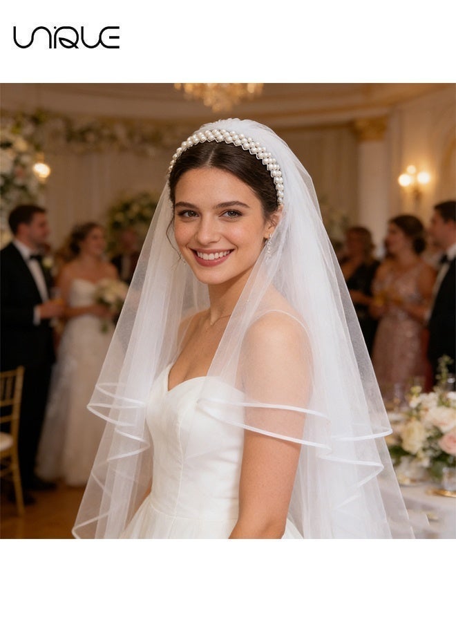 Unique Bridal Wedding Pearl Veil - 3-Row Pearl Headband Veil - One-Piece Headpiece - Must-Have Veil for Brides - Image 5