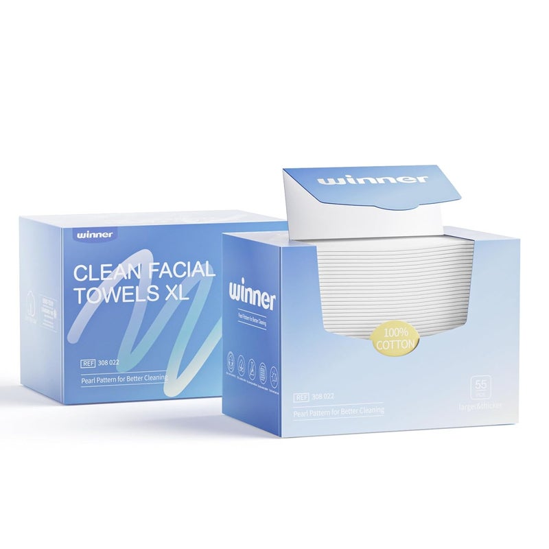 Winner مناديل وجه وينر 100% قطن أمريكي مناديل وجه قابلة للاستخدام مرة واحدة مناديل تنظيف الوجه XL خالية من الروائح فائقة النعومة مزيلات مكياج للبشرة الحساسة قابلة للتحلل 110 قطعة عبوتين