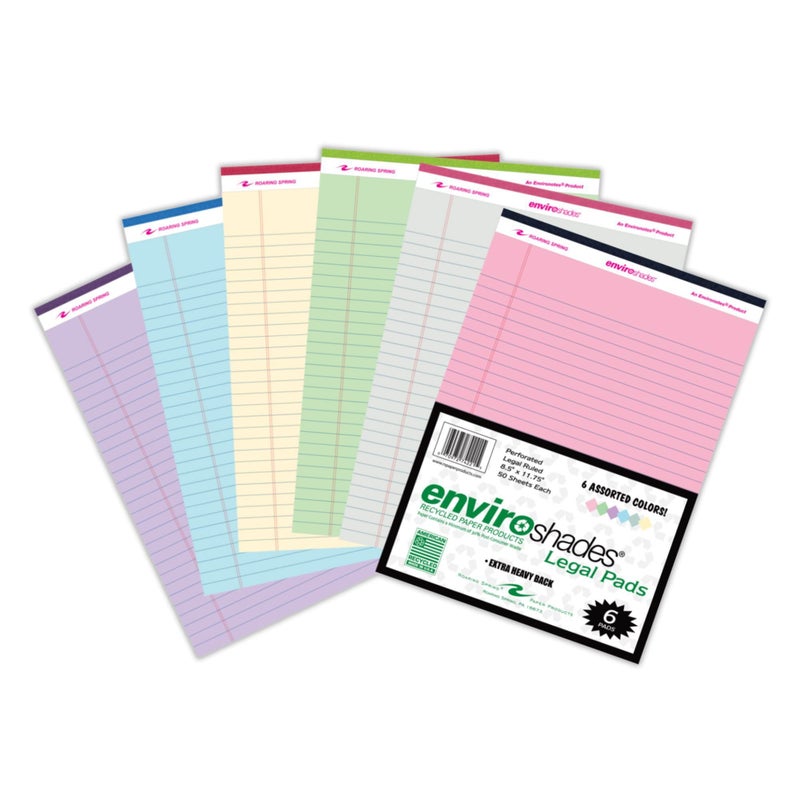 ROARING SPRING Enviroshades Recycled Colored Legal Pads, Assorted Colors, 6 Pack, 8.5" x 11", Legal Ruled, 50 Sheets Per Pad, 15 lb Perforated Paper, Made in USA - Image 1